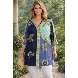 Soft Surroundings Purple Blue Tunic Blouse 1X Oriental 3/4 Sleeve  Boho Print